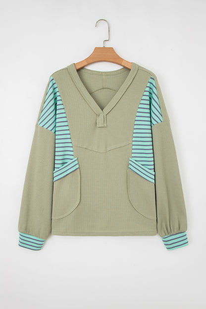 Stripe Patchwork Waffle Knit V-Neck Pullover