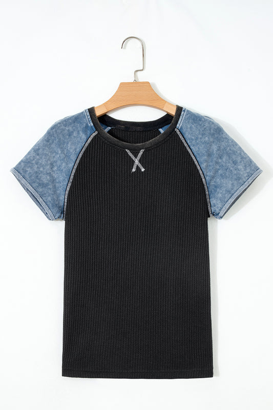 Colorblock Waffle Knit Patchwork Short Sleeve Top