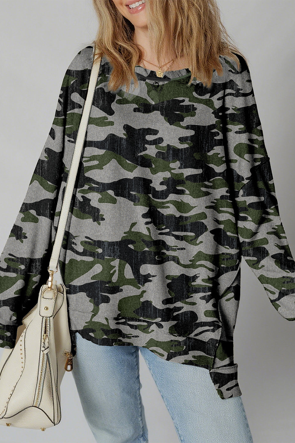 Camo Reverse Seam Drop Shoulder Sweatshirt