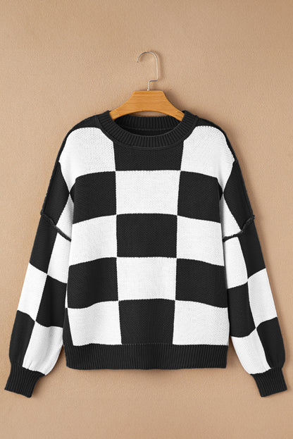 Checker Exposed Seam Drop Shoulder Long Sleeve Sweater