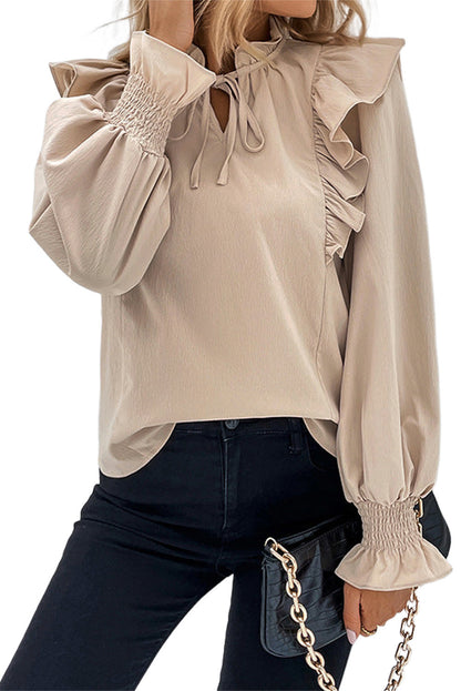 Ruffle Tie-Front Bubble Sleeve Blouse