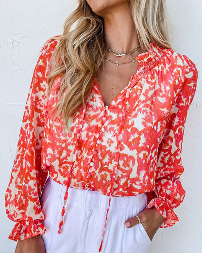 Abstract Floral Ruffle V-Neck Blouse