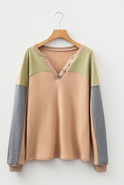 Colorblock Thermal Textured Knit Drop Shoulder Henley Top