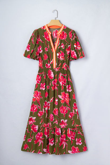 Floral Stripe Trim Short Puff Sleeve Maxi Dress