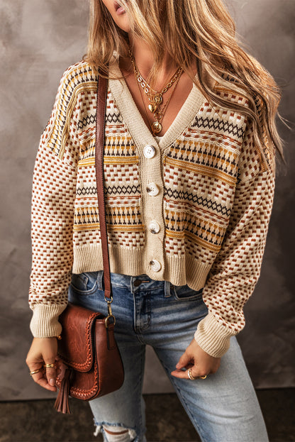 Buttoned V-Neck Cropped Cardigan