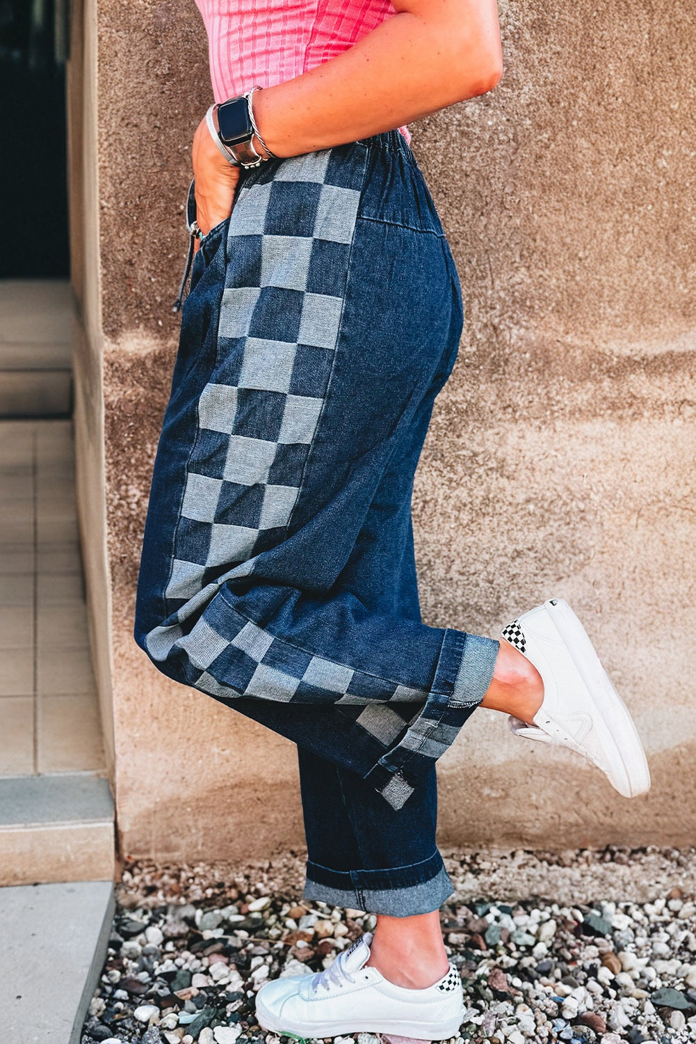 Denim Checker Side Panel Patchwork Drawstring Pants