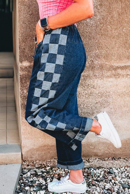 Denim Checker Side Panel Patchwork Drawstring Pants