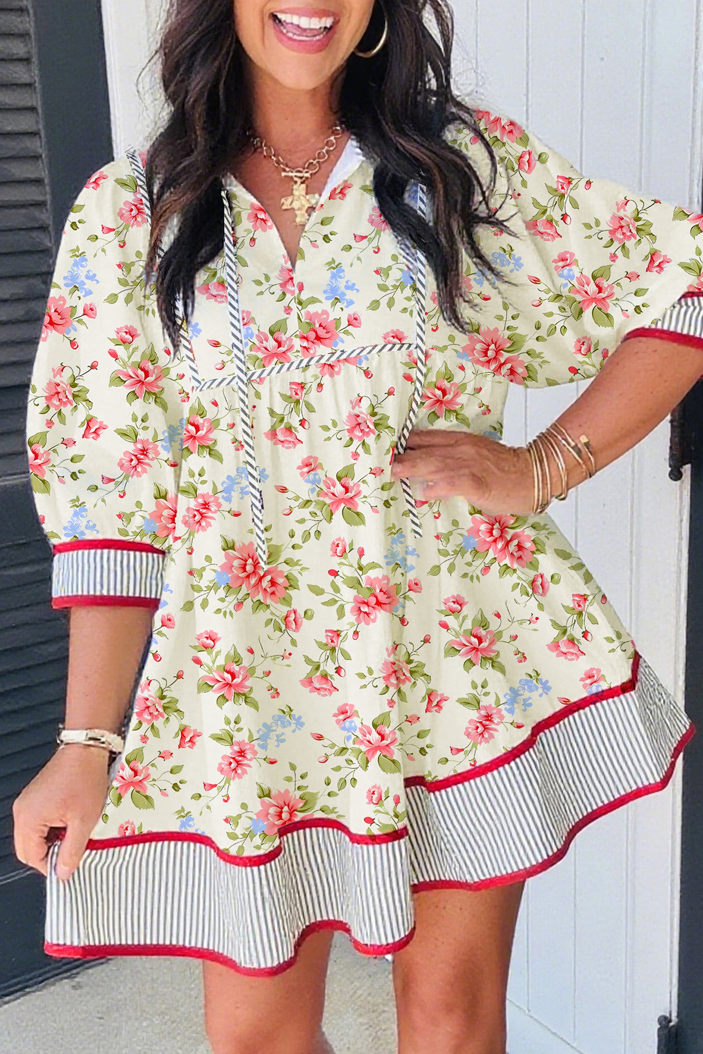 Floral Stripe Trim 3/4 Puff Sleeve Dress