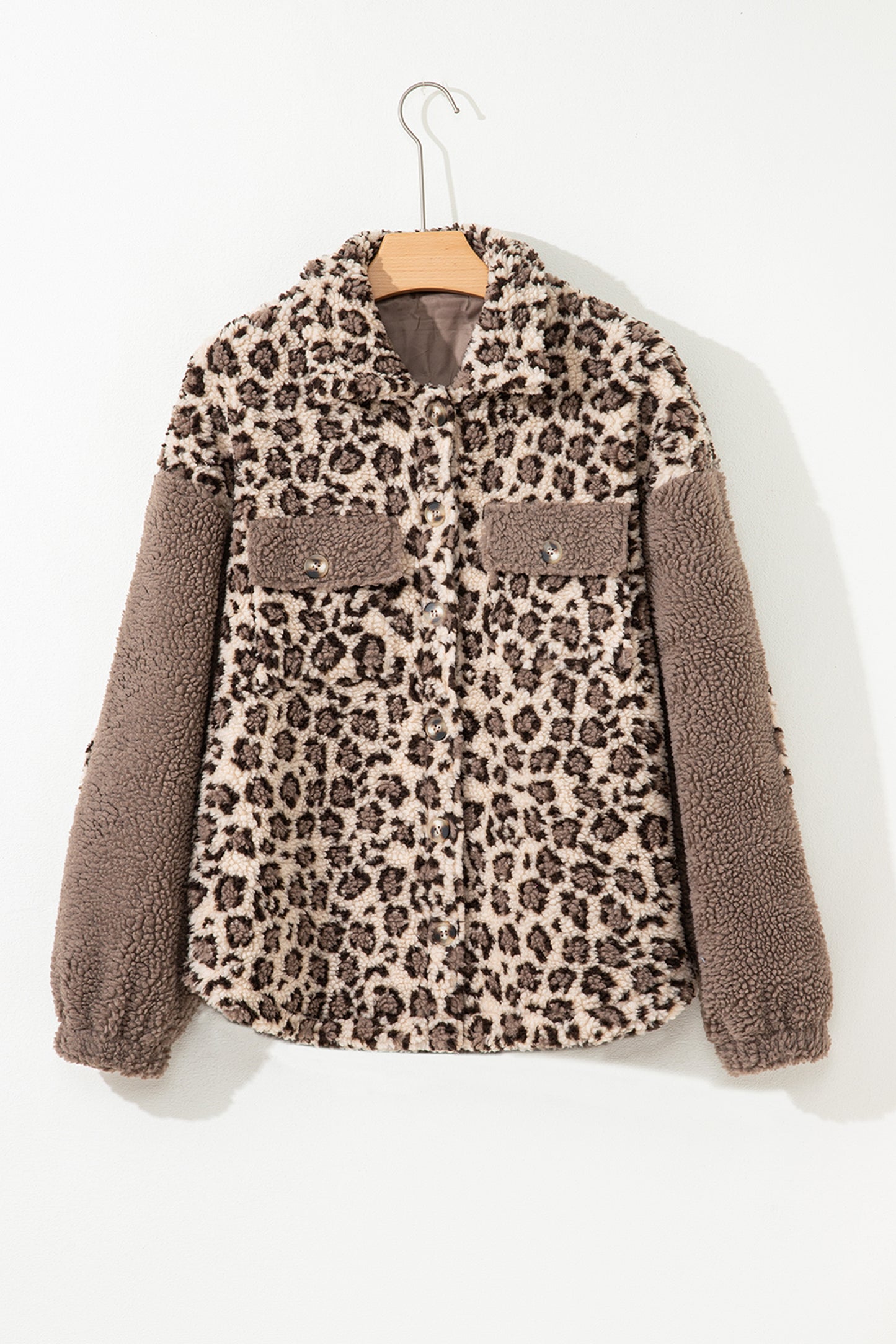 Leopard Sherpa Patchwork Flap Pocket Buttoned Jacket