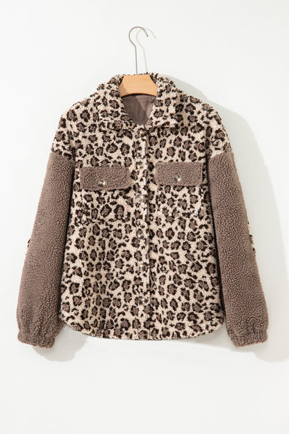 Leopard Sherpa Patchwork Flap Pocket Buttoned Jacket