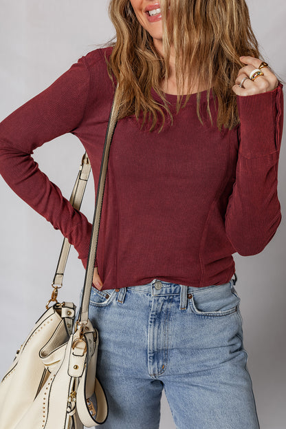 Solid Ribbed Knit Buttoned Long Sleeve Top