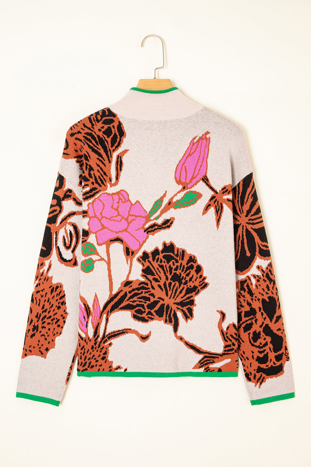 Floral Knit Quarter-Zip Long Sleeve Sweater