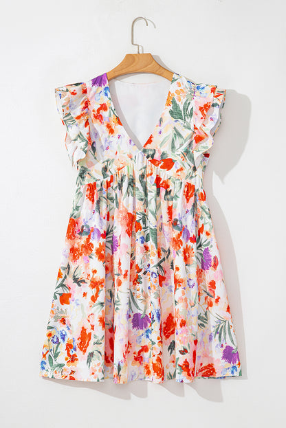Floral Double Ruffle Sleeve V-Neck Mini Dress