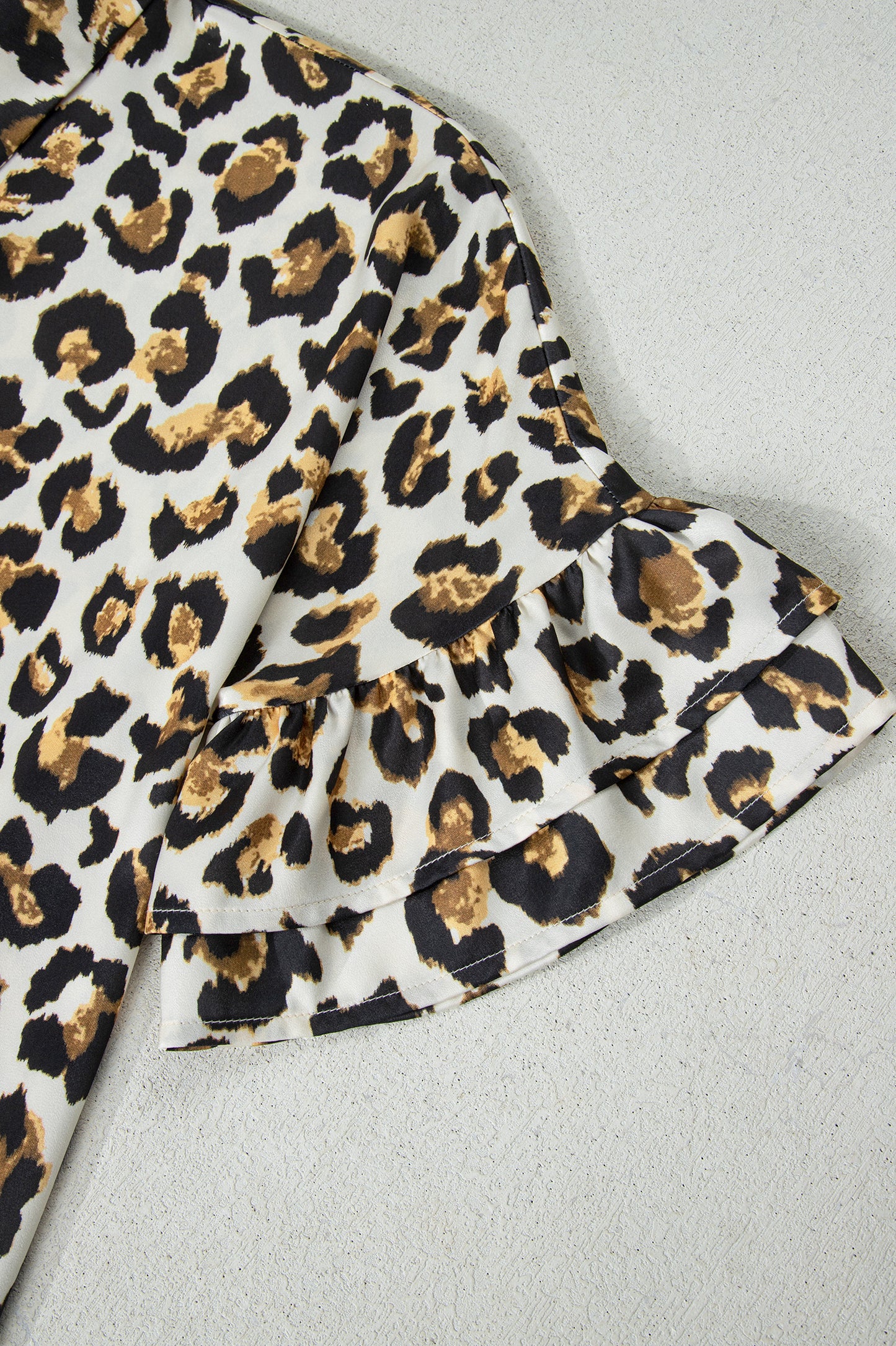 Leopard Ruffle Trim 3/4 Sleeve Buttoned Shirt