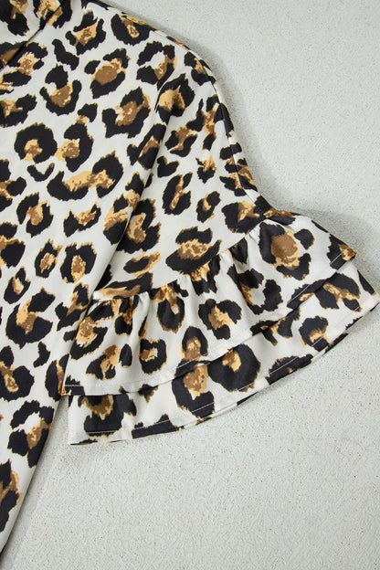 Leopard Ruffle Trim 3/4 Sleeve Buttoned Shirt