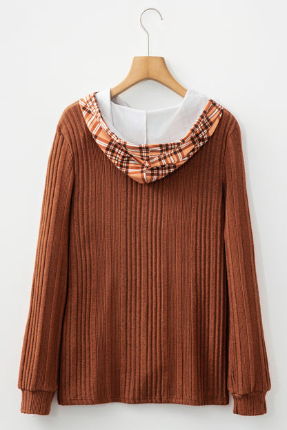 Plaid Patchwork Ribbed Knit Drawstring Hooded Top