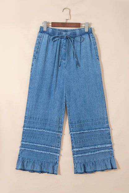 Denim Chambray Ruffle Hem Wide Leg Pants