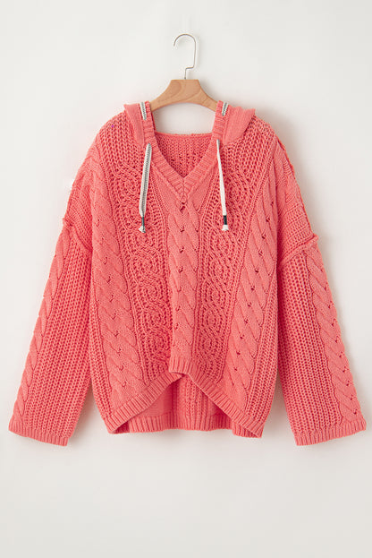 Cable Knit V-Neck Hooded Sweater