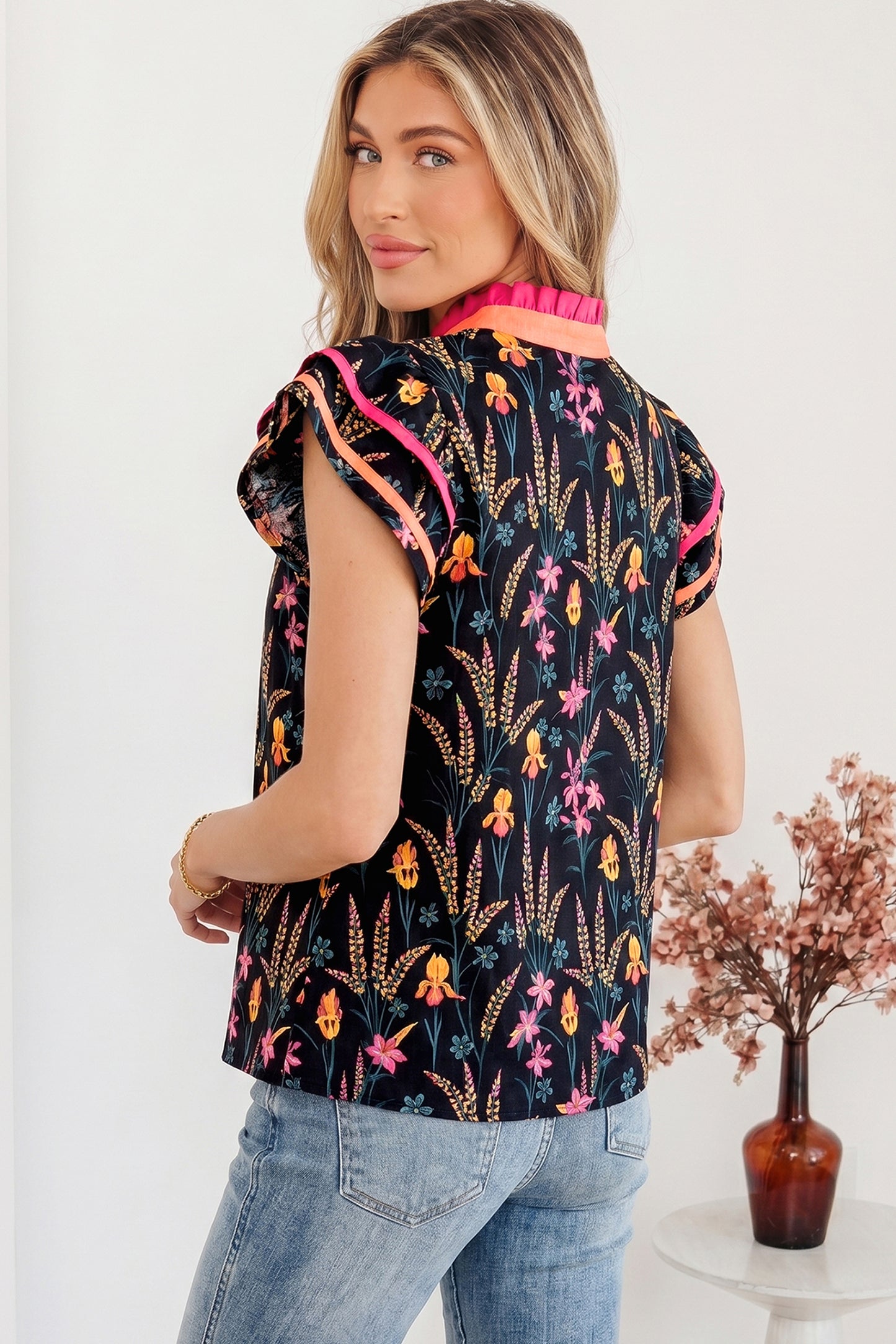 Floral Contrast Trim Tiered Ruffle Short Sleeve Blouse