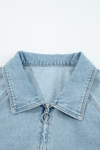 Denim Collared Zip-Up Elastic Edge Pocketed Jacket