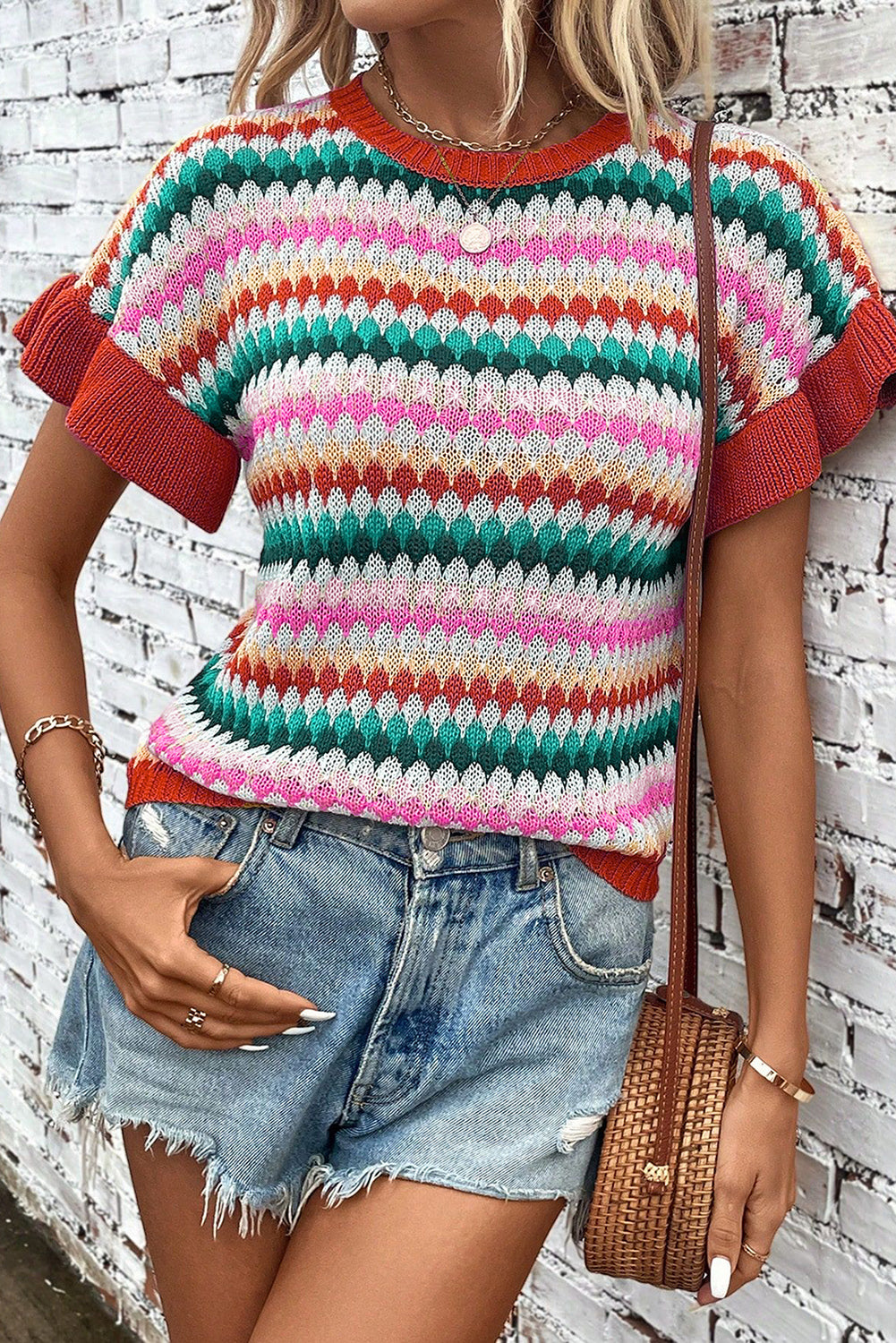 Stripe Ruffle Short Sleeve Sweater