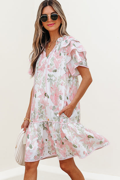 Floral V-Neck Layered Short Sleeve Mini Dress