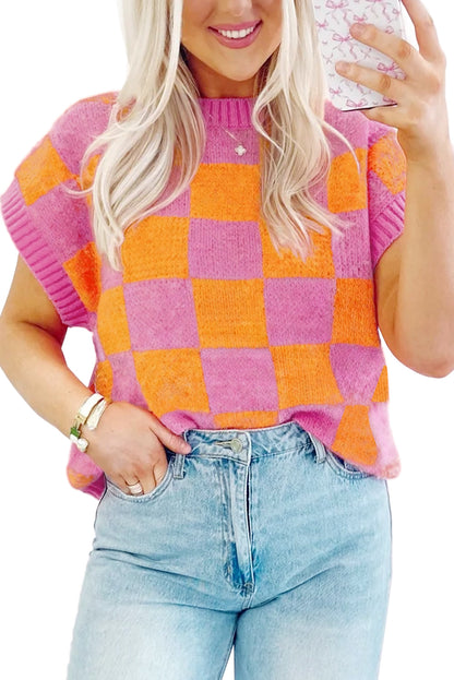 Colorblock Checker Ribbed Trim Top