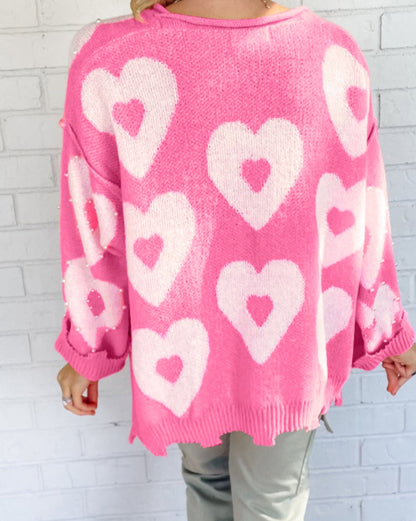 Beaded Heart Drop Shoulder Sweater