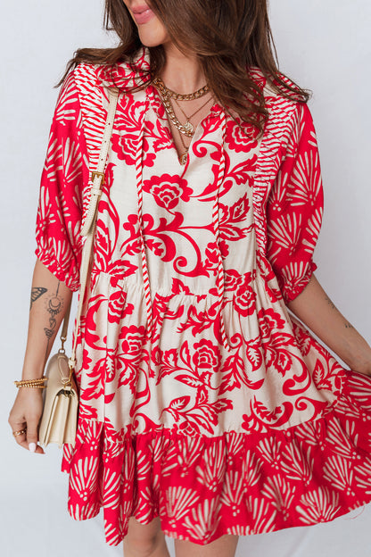 Flower V-Neck 3/4 Sleeve Collar Mini Dress
