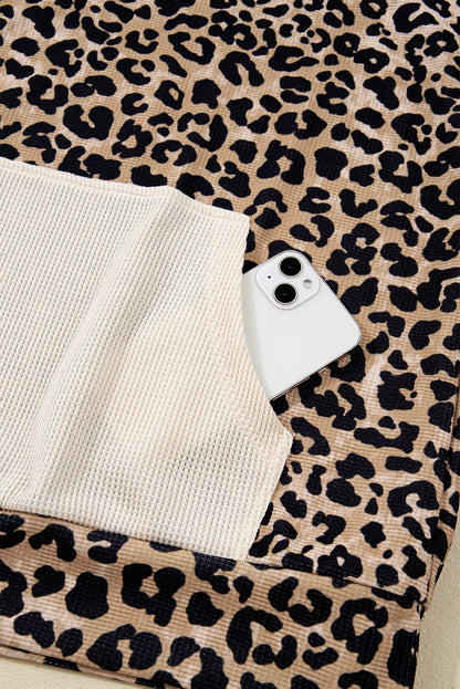Leopard Waffle Knit Kangaroo Pocket Hooded Sweatshirt