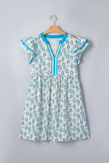Floral Contrast Trim V-Neck Flutter Sleeve Mini Dress