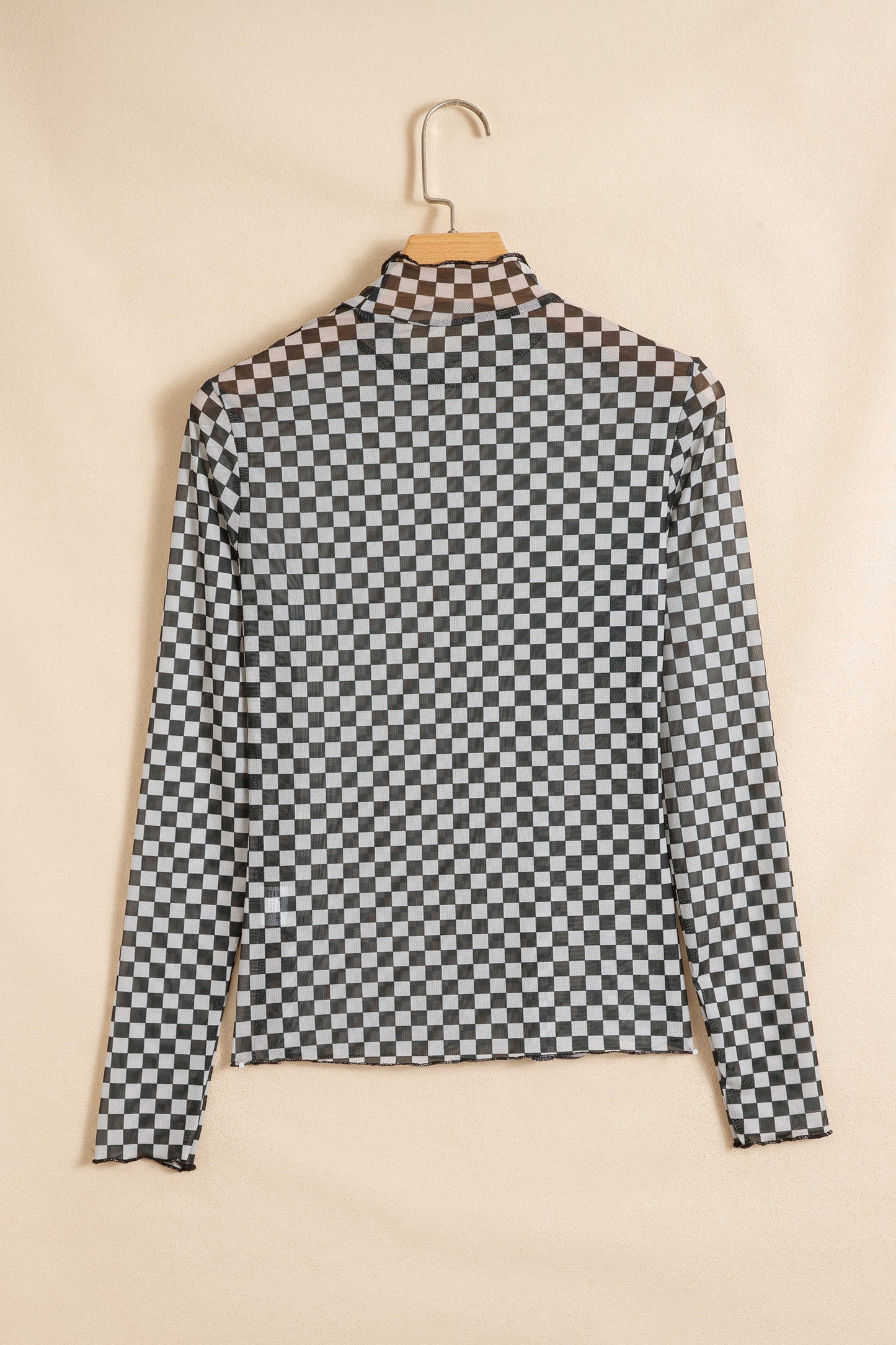 Checker Stand Neck Long Sleeve Mesh Top