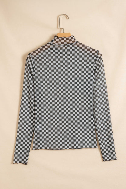 Checker Stand Neck Long Sleeve Mesh Top