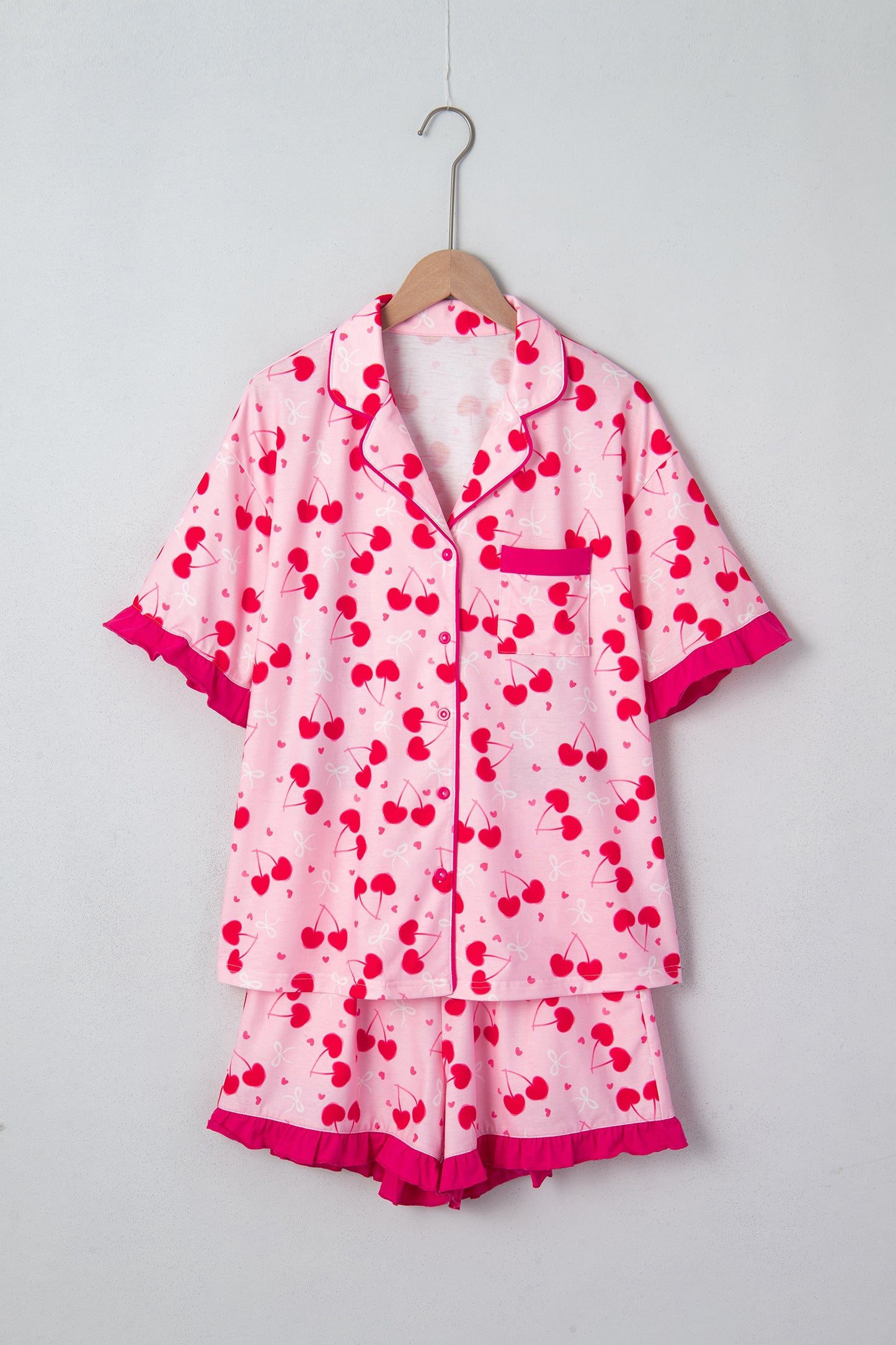 Cherry Bow Tie Top and Shorts Pajama Set