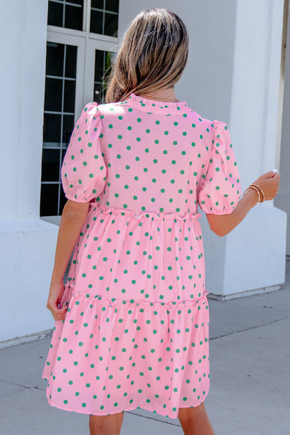 Polka Dot V-Neck Short Sleeve Tiered Mini Dress