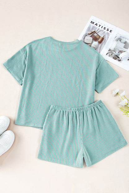 Solid Corded Short Sleeve Tee and Shorts Set