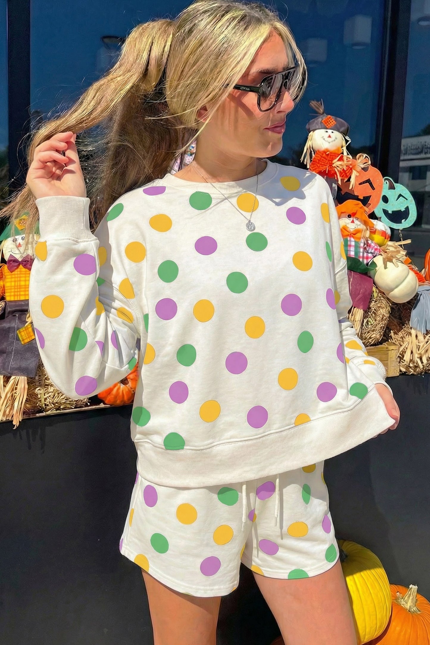 Polka Dot Pullover and Drawstring Shorts Set