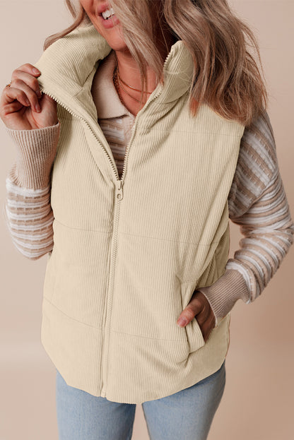 Corduroy Stand Neck Zipped Puffer Vest