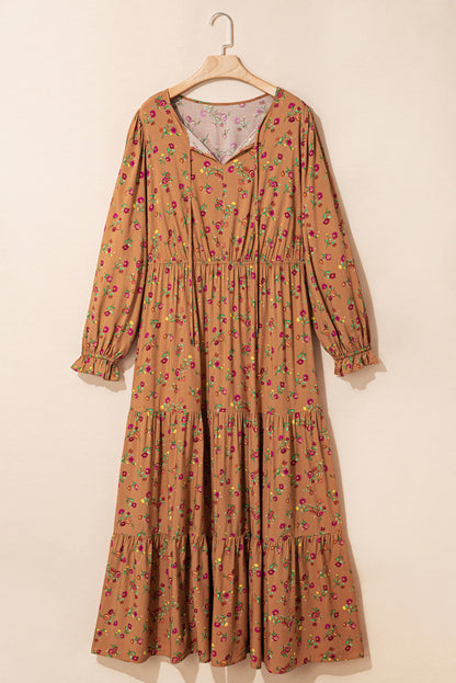 Plus Size Floral V-Neck Ruffle Sleeve Tiered Dress