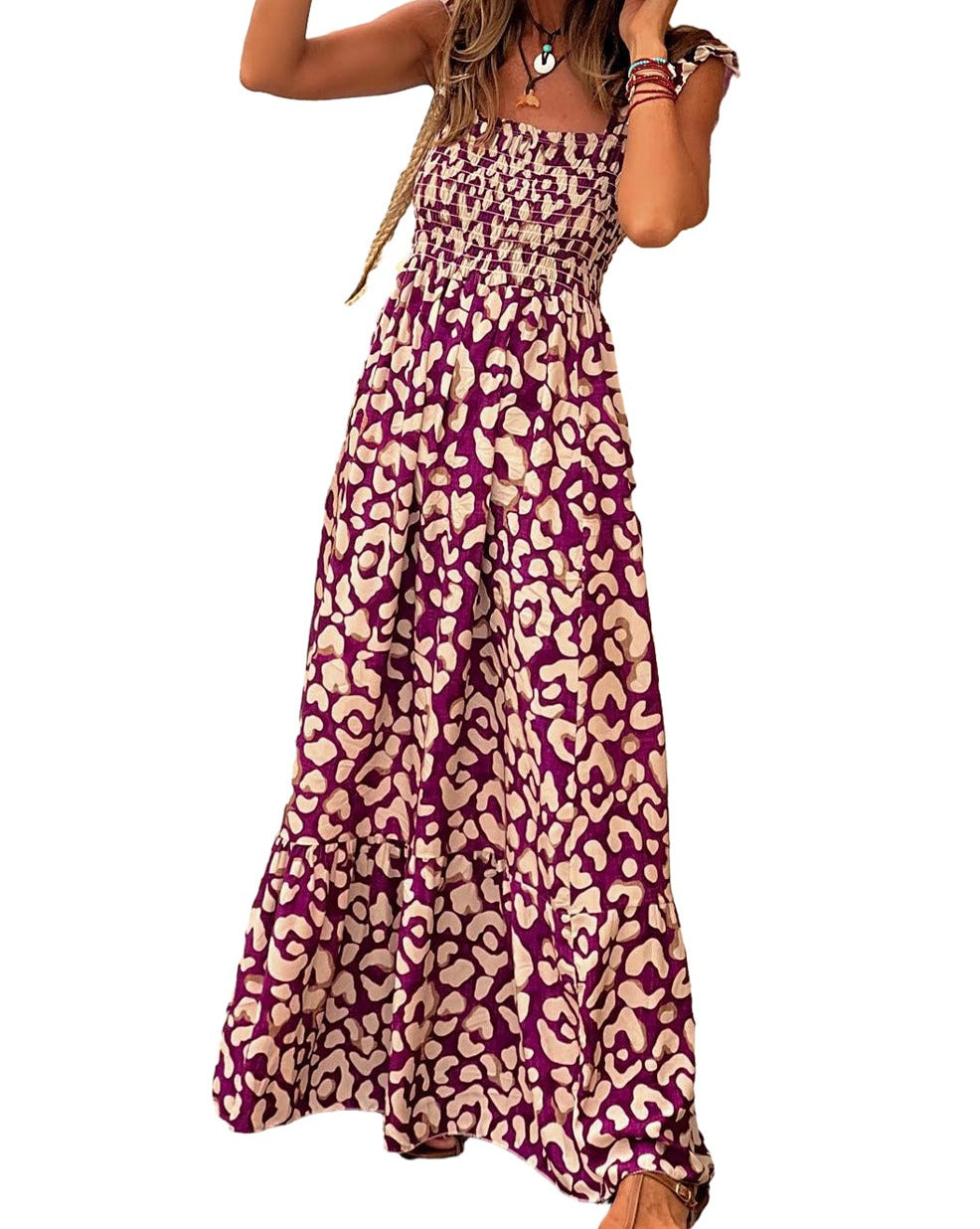 Leopard Ruffle Straps Maxi Dress