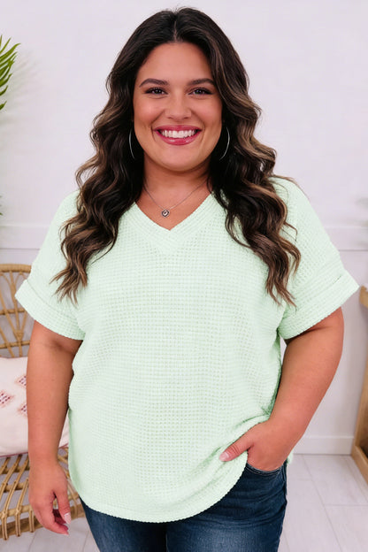 Plus Size Solid Waffle Knit V-Neck Short Sleeve Top