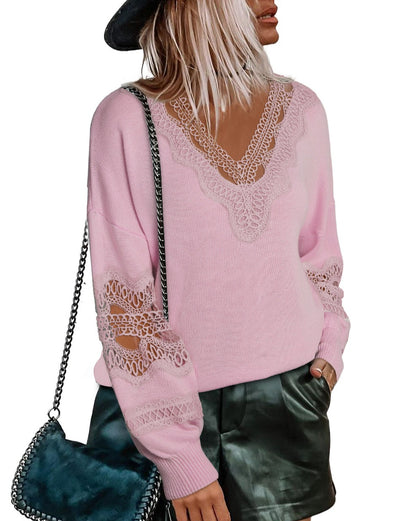 Hollowed Lace V-Neck Sweater