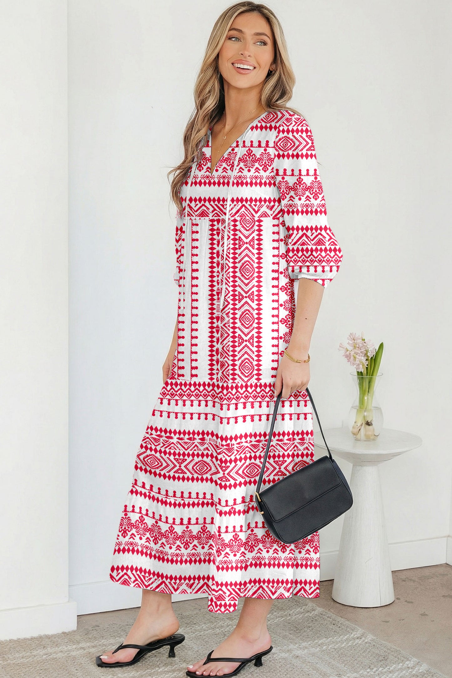 Boho Tied V-Neck 3/4 Sleeve Maxi Dress