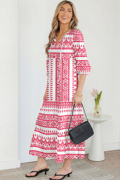Boho Tied V-Neck 3/4 Sleeve Maxi Dress