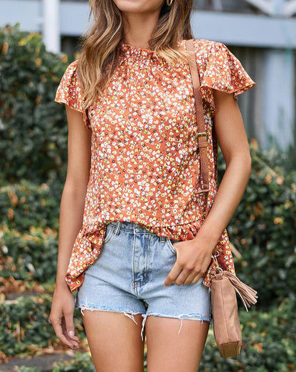 Floral Frilled Flutter Sleeve Blouse