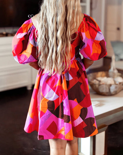 Abstract Puff Sleeve Dress