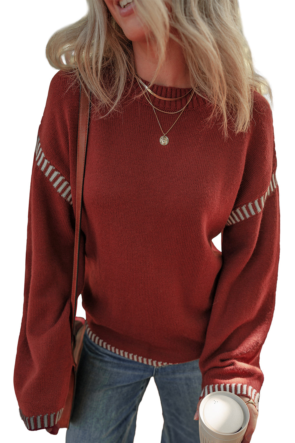 Contrast Trim Drop Shoulder Sweater