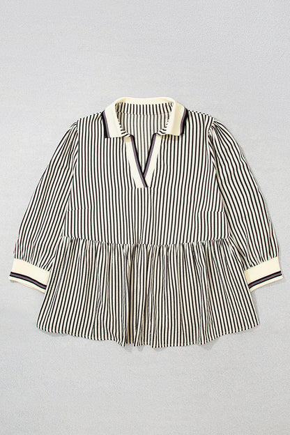 Plus Size Stripe Patchwork Collared V-Neck Peplum Blouse