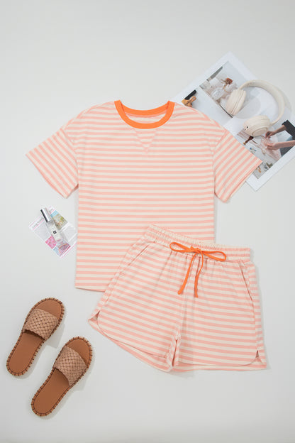 Stripe Contrast Trim Tee & Drawstring Shorts Set