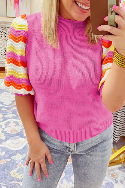 Ribbed Knit Contrast Sleeve Top